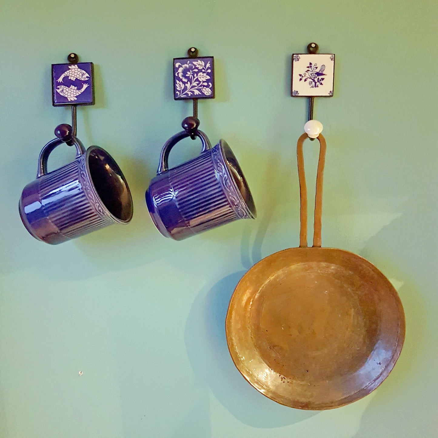 4 Zen blue and white coat hooks, wall hooks, cup hooks, towel hooks with smooth ball ends. Hand painted ceramic tile. 4.5 by 2 inches.