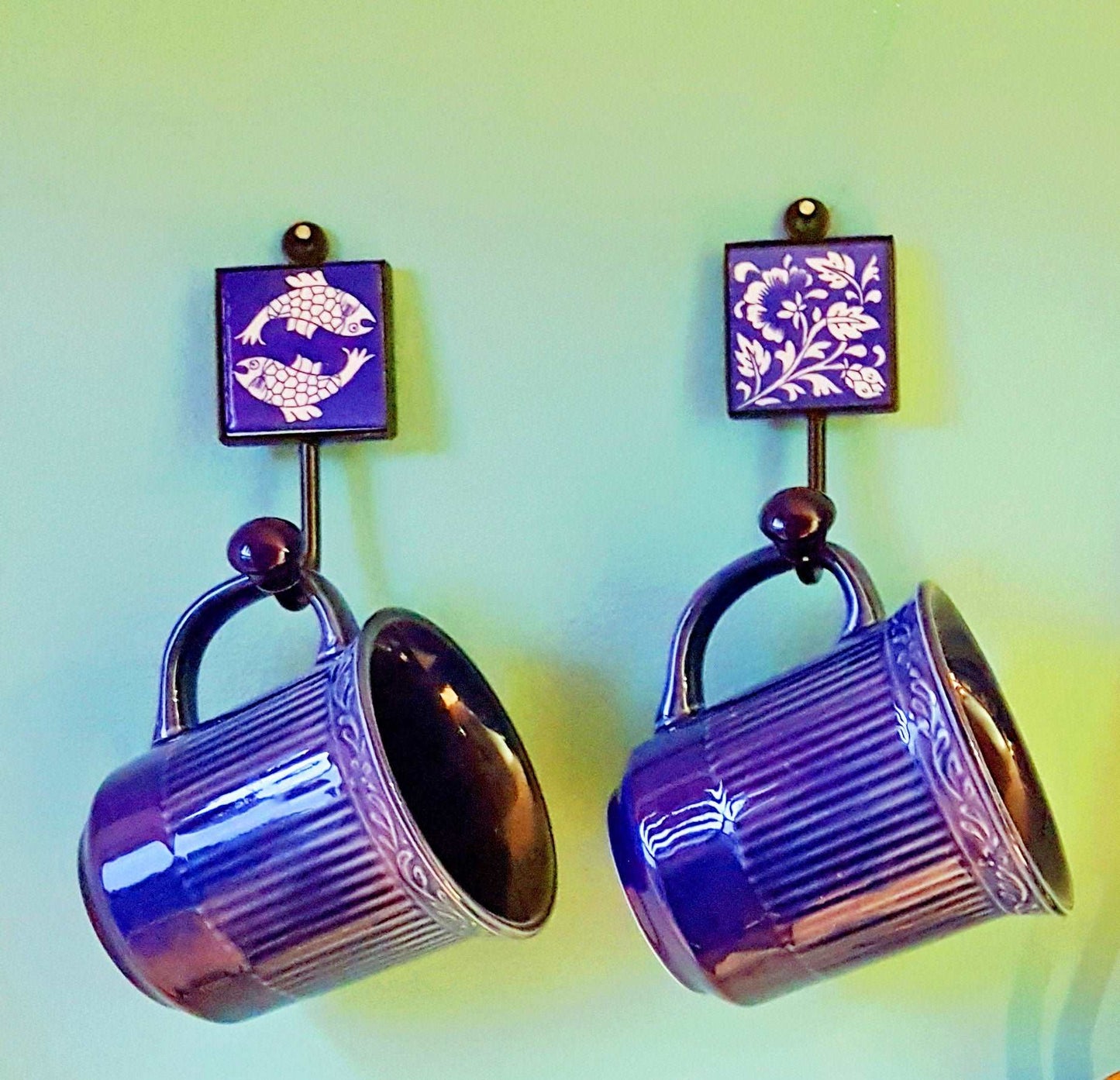 4 Zen blue and white coat hooks, wall hooks, cup hooks, towel hooks with smooth ball ends. Hand painted ceramic tile. 4.5 by 2 inches.
