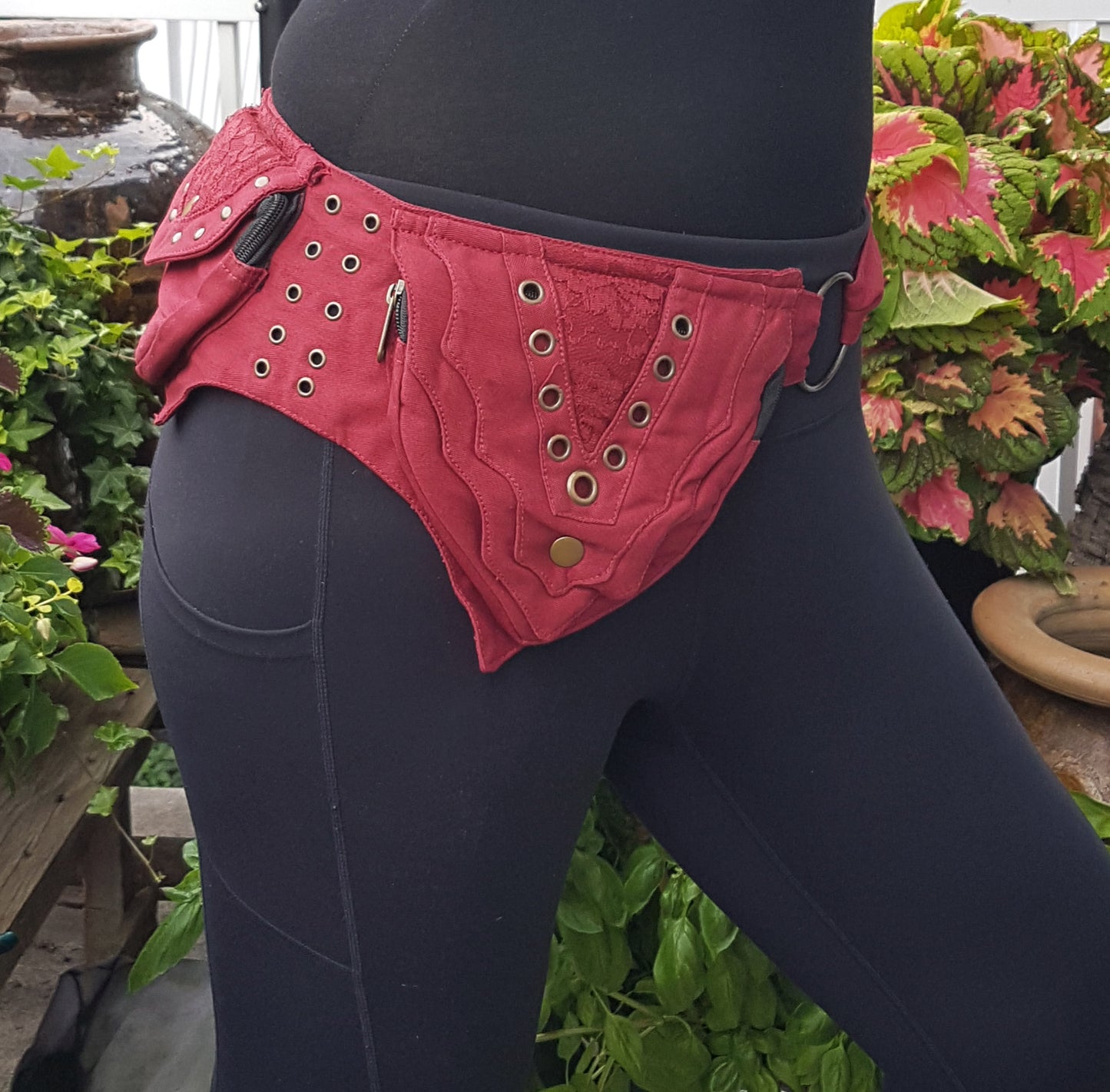 Utility festival belt. Rave dance wear with lace detail. Use as travel & shopping money belt. Adjustable to 48 inches. 4 zip pockets.