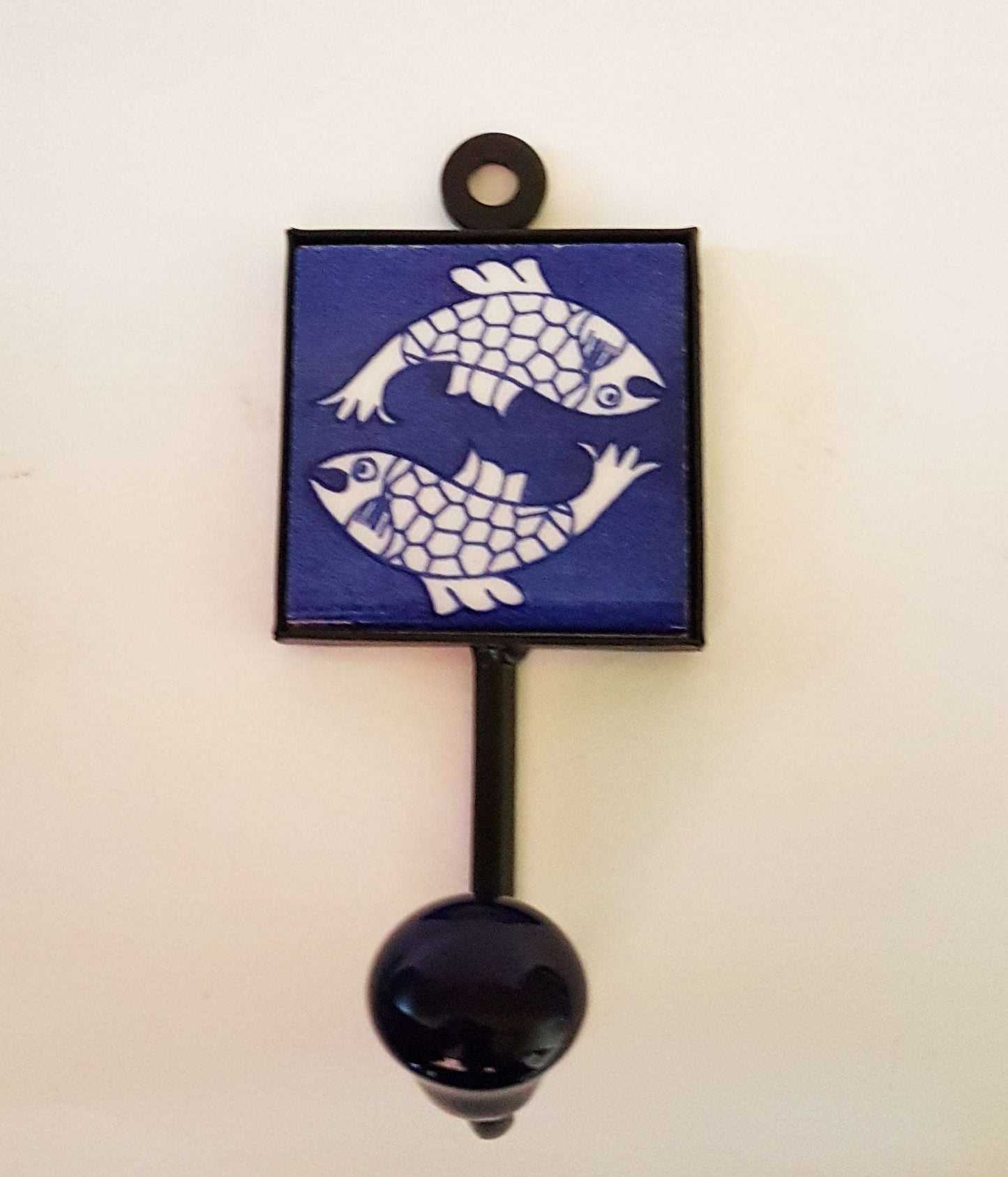 4 Zen blue and white coat hooks, wall hooks, cup hooks, towel hooks with smooth ball ends. Hand painted ceramic tile. 4.5 by 2 inches.