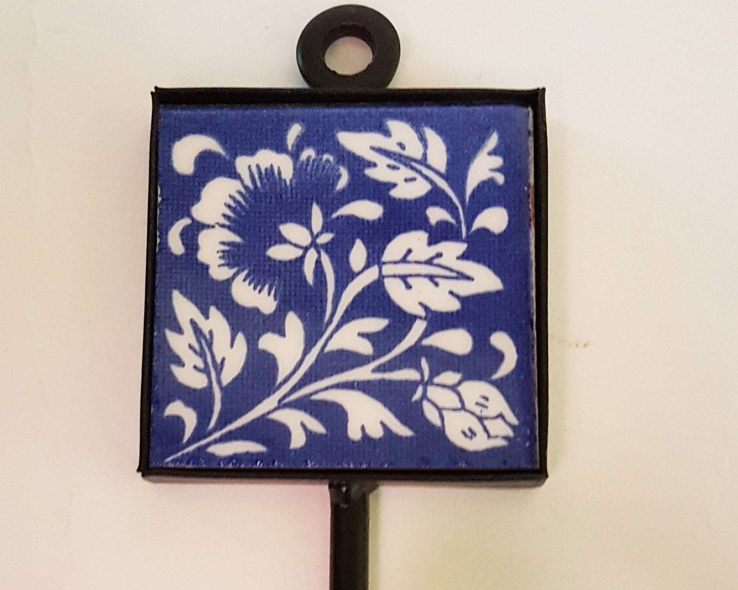 4 Zen blue and white coat hooks, wall hooks, cup hooks, towel hooks with smooth ball ends. Hand painted ceramic tile. 4.5 by 2 inches.
