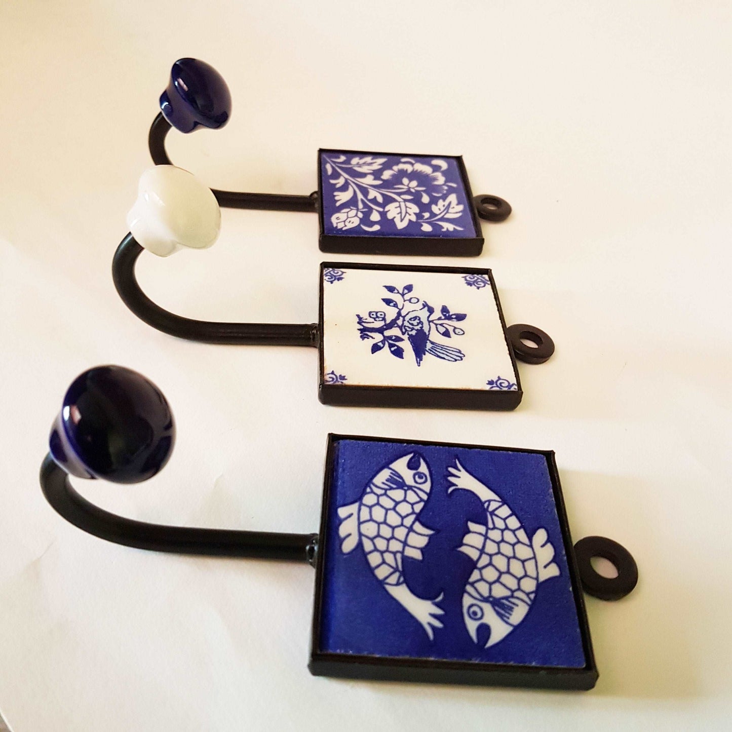3 Coat hooks-wall hooks for functional home decor. Zen Garden exclusive collection of 3 hand painted ceramic hooks . 4.5 by 2 inches.