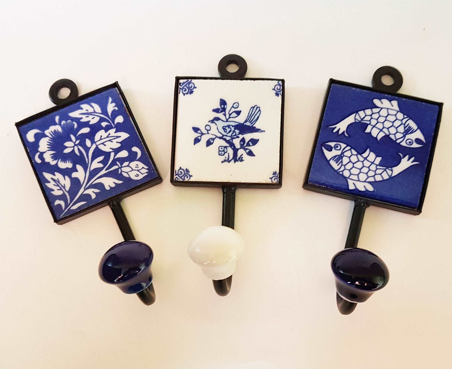3 Coat hooks-wall hooks for functional home decor. Zen Garden exclusive collection of 3 hand painted ceramic hooks . 4.5 by 2 inches.