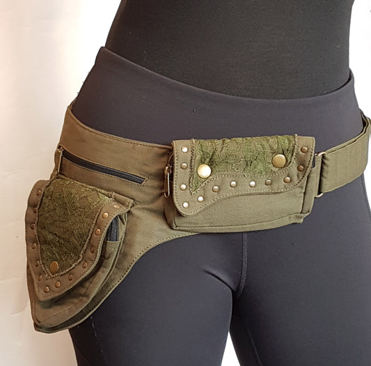 Utility hip belt 5 pocket in army green. Adjusts to 48 inch waist/ hip.