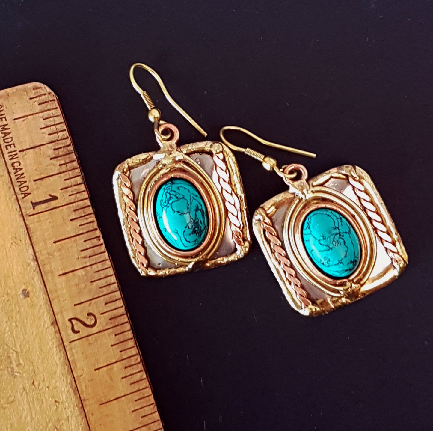 Square Shape Turquoise Gemstone Earrings in a Unique Silver-Gold Setting.