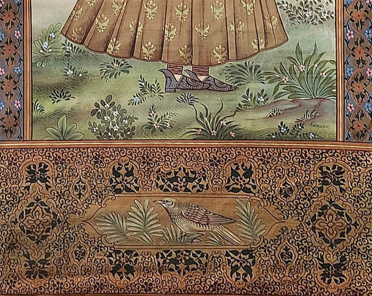 Vintage Hand Painted Original Pichwai Art on Silk Canvas. Boy with Falcon. Mughal Court Style. Rare Collectible. One of a Kind Unframed.