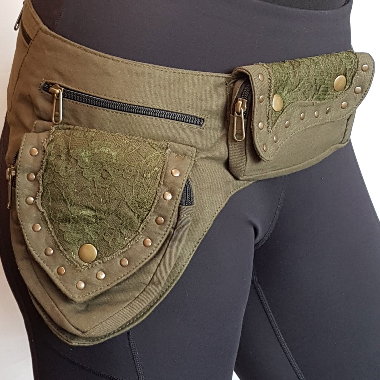 Utility hip belt 5 pocket in army green. Adjusts to 48 inch waist/ hip.