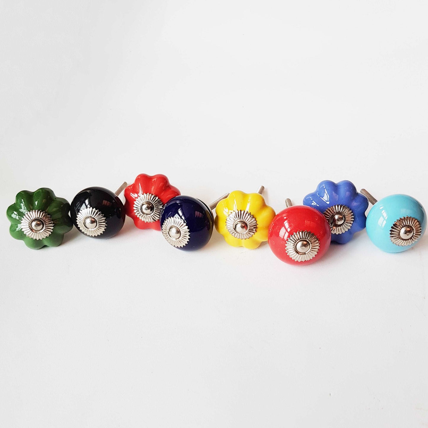 8 cabinet knobs-drawer pulls for cupboards & dressers. Ceramic 8 piece hardware set of vibrant solid colors. 1.5 inch diameter.