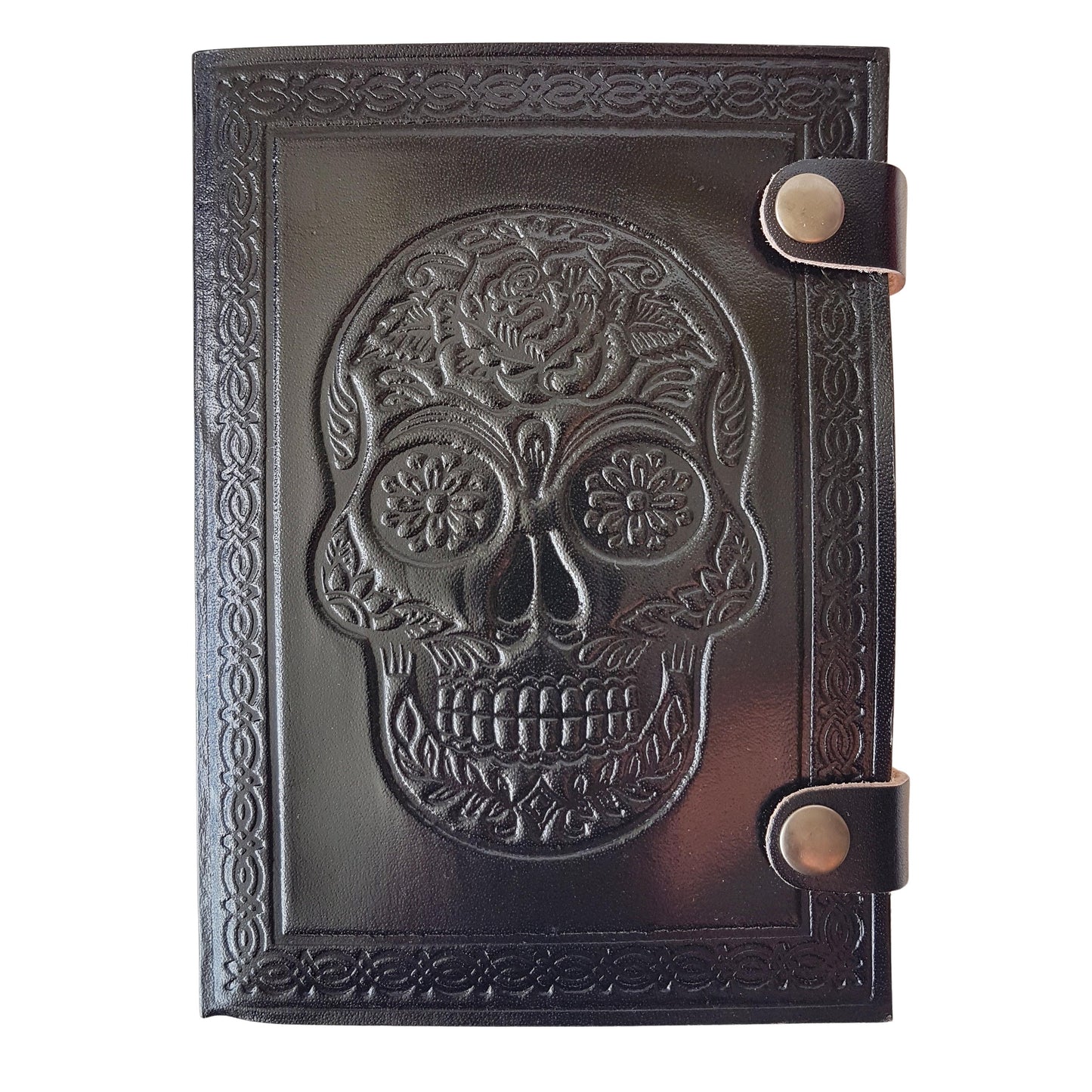 Genuine black leather bound sugarskull design journal. Black 5x7 inch skull grimoire with blank premium quality paper pages.