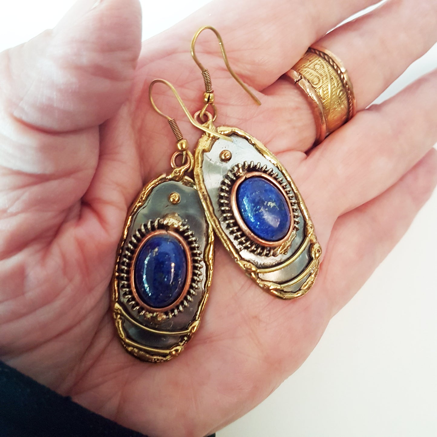 Lapis Lazuli Oval Gemstone Earrings in a Mixed Silver Gold Design