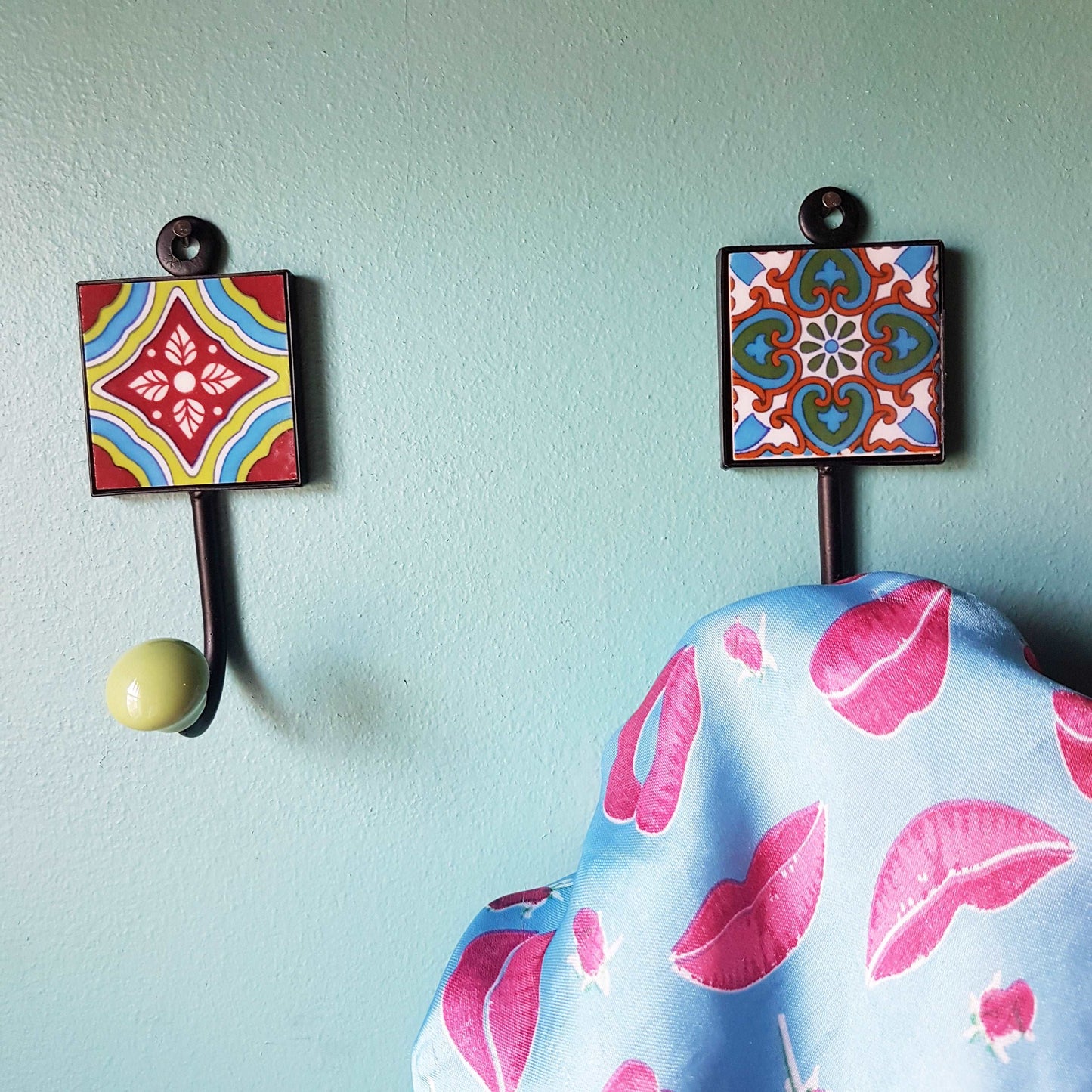 4 coat hooks-kitchen & bath hooks. Unique functional home decorating. Hand painted exclusive designer set of cup, apron and towel hooks.