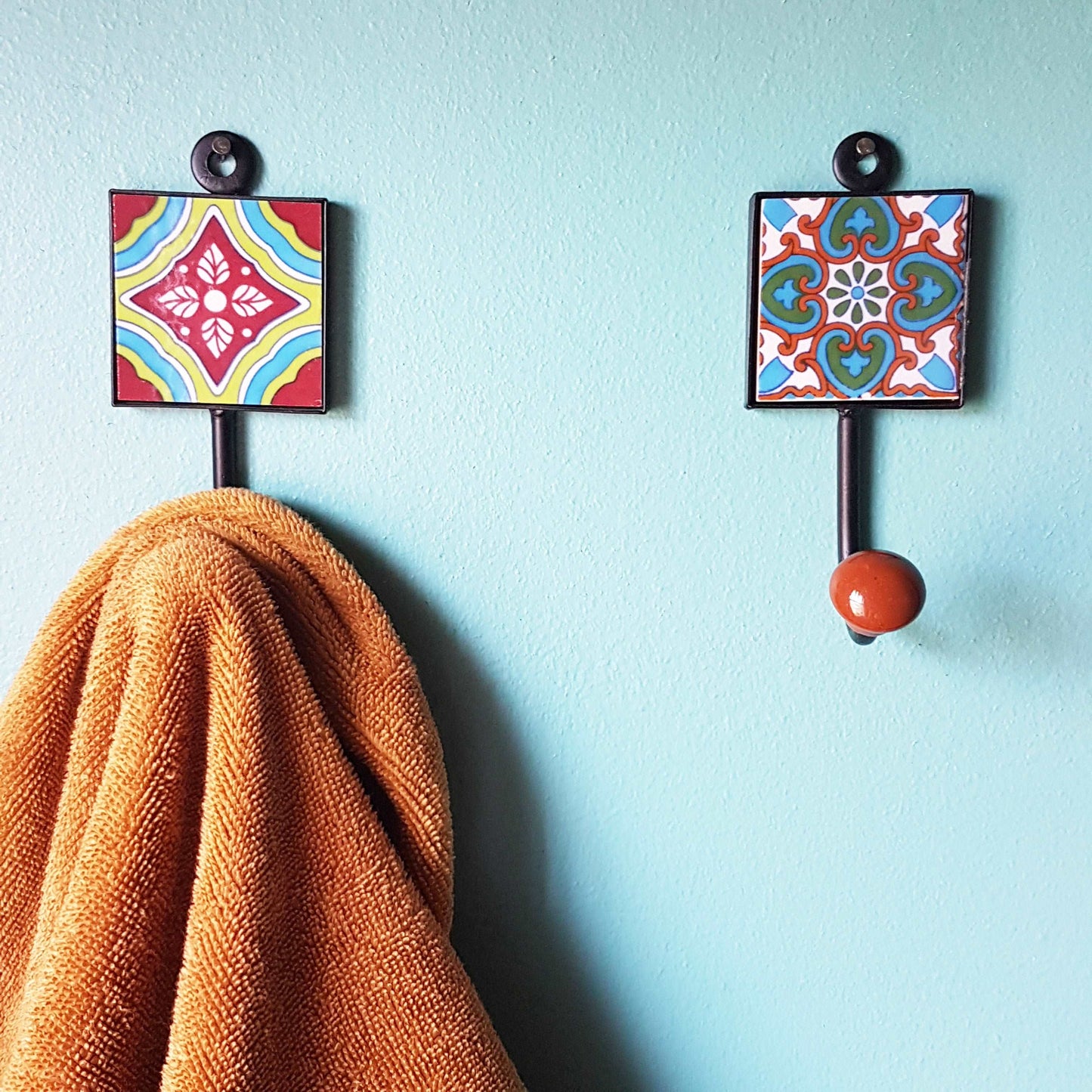4 coat hooks-kitchen & bath hooks. Unique functional home decorating. Hand painted exclusive designer set of cup, apron and towel hooks.