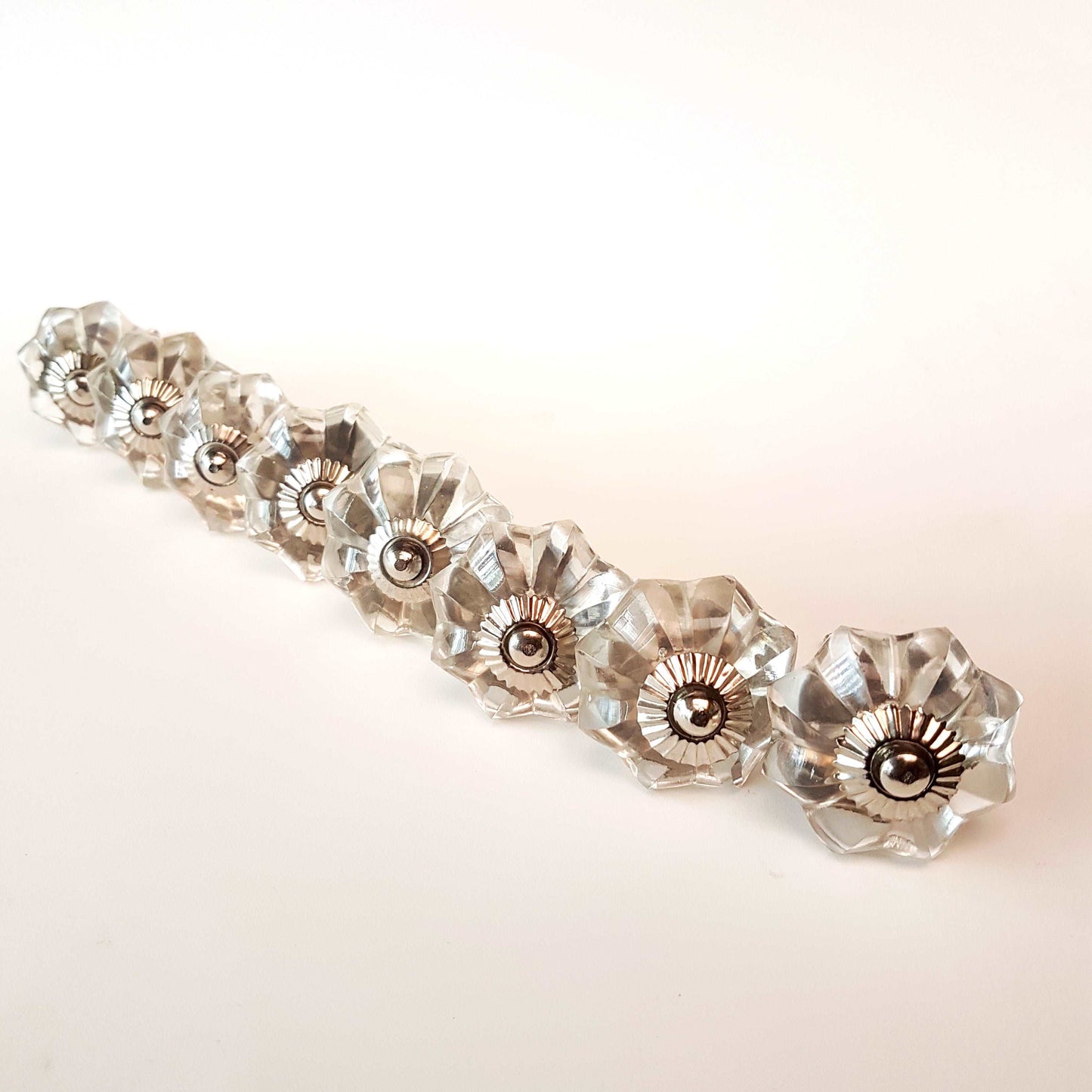 8 clear crystal glass cabinet knobs. Transparent vintage style drawer pulls. Furniture hardware with silver centers & fittings. 2 inches.