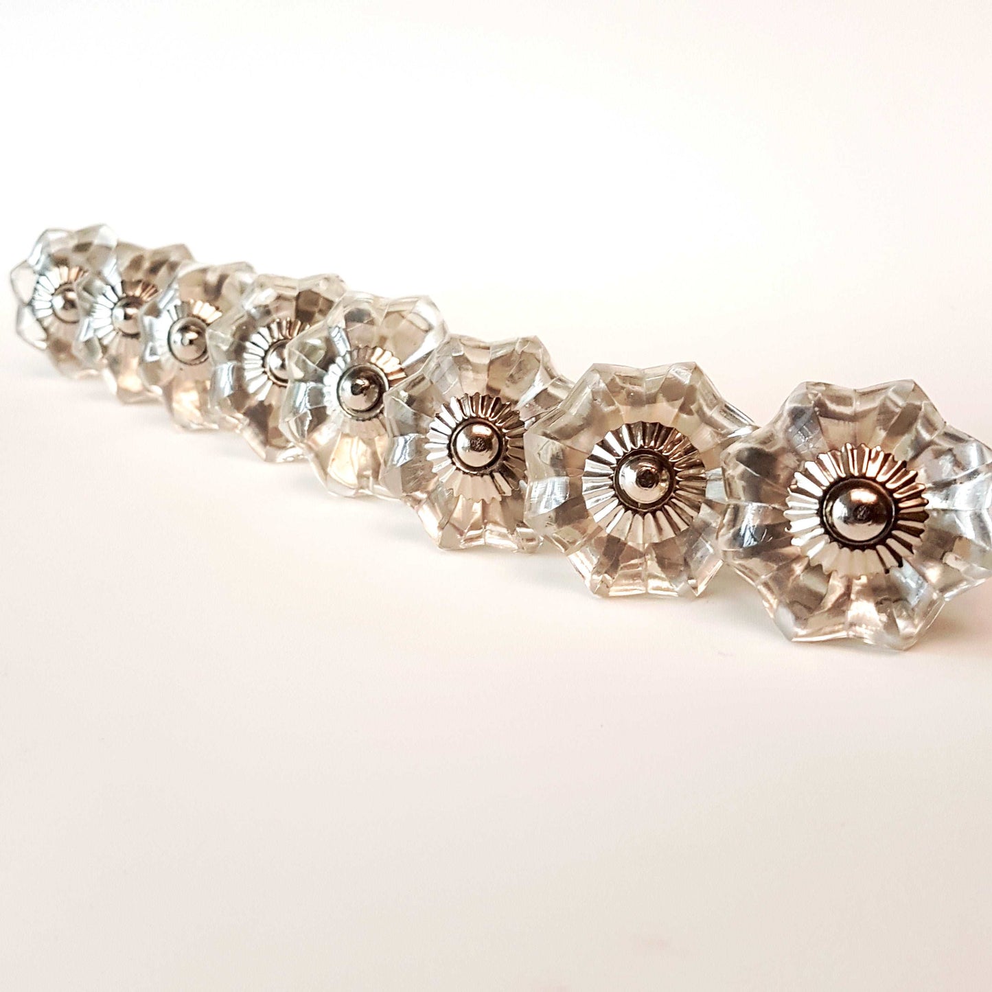 8 clear crystal glass cabinet knobs. Transparent vintage style drawer pulls. Furniture hardware with silver centers & fittings. 2 inches.