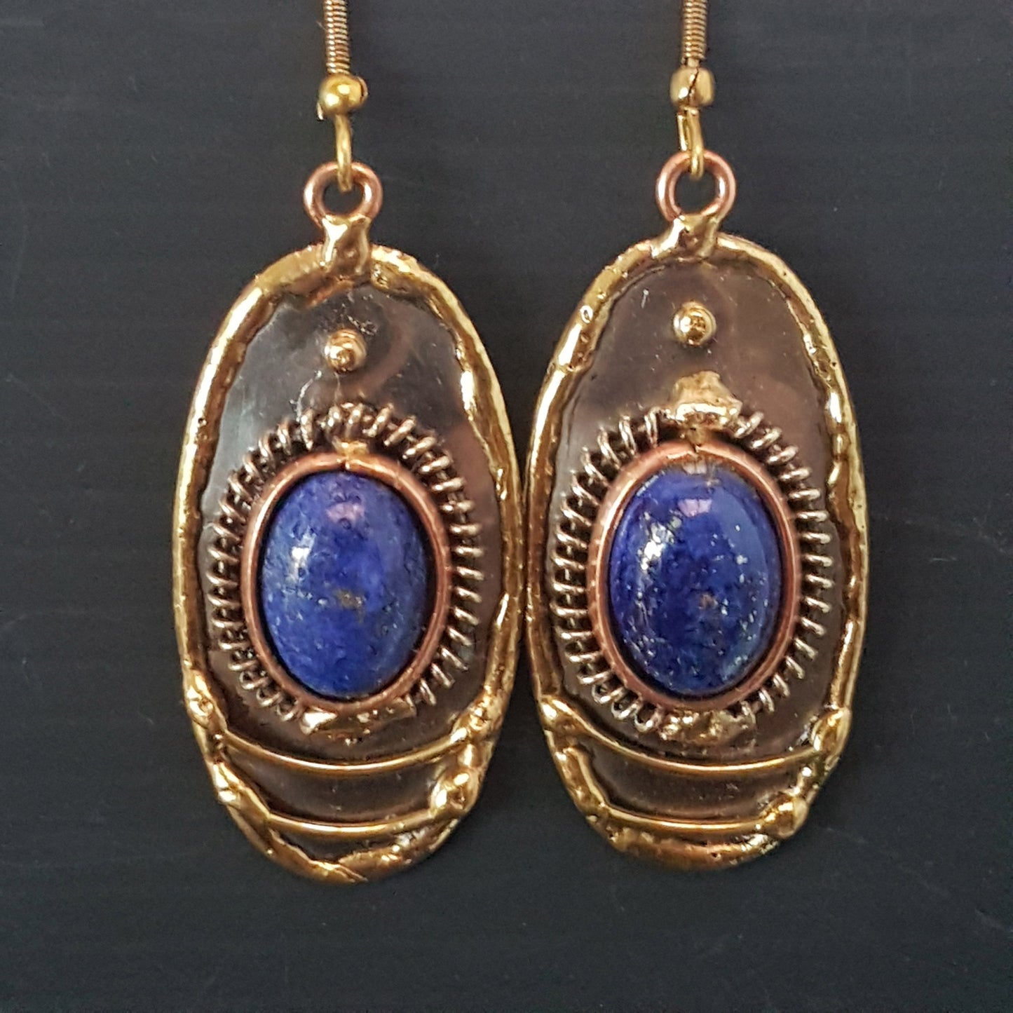 Lapis Lazuli Oval Gemstone Earrings in a Mixed Silver Gold Design