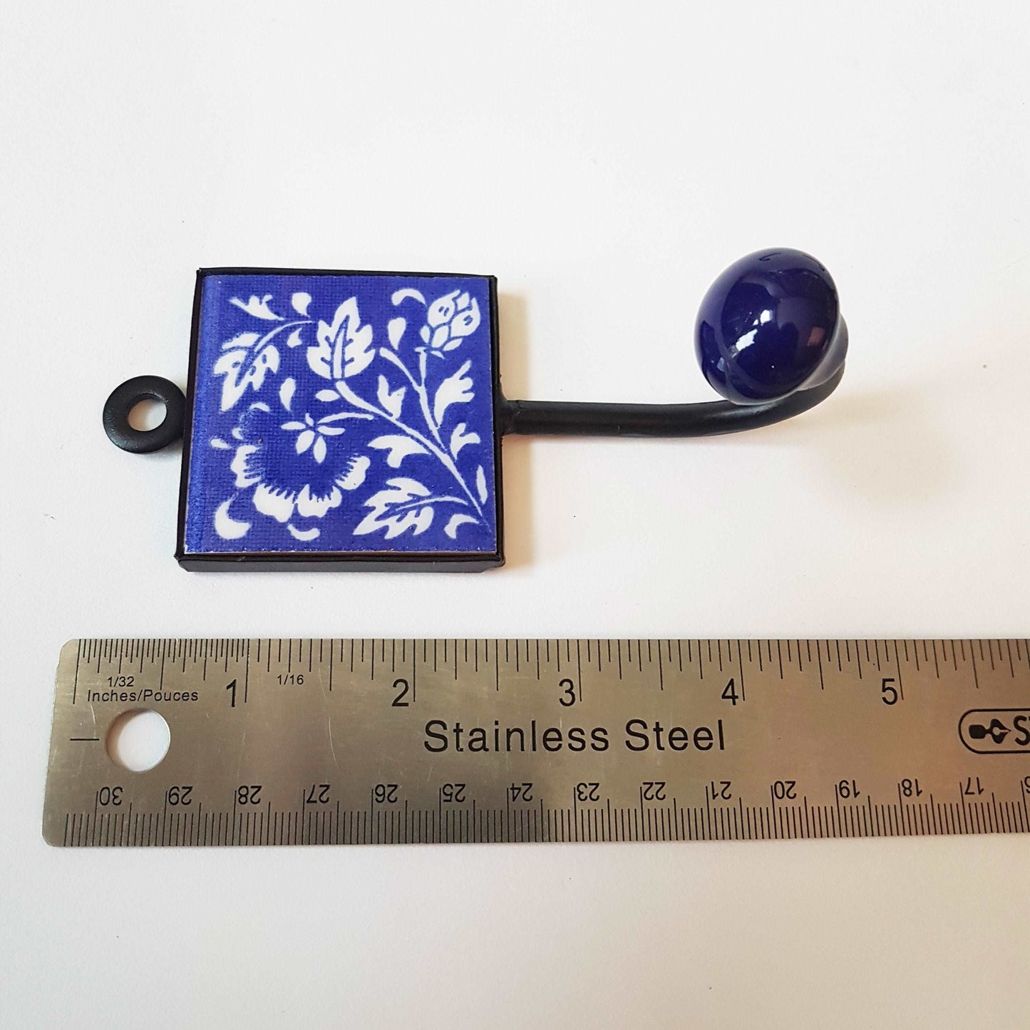 4 Zen blue and white coat hooks, wall hooks, cup hooks, towel hooks with smooth ball ends. Hand painted ceramic tile. 4.5 by 2 inches.