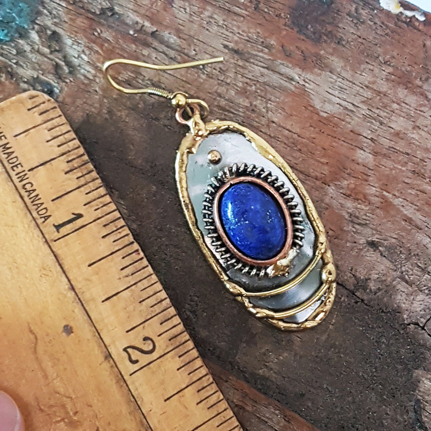 Lapis Lazuli Oval Gemstone Earrings in a Mixed Silver Gold Design