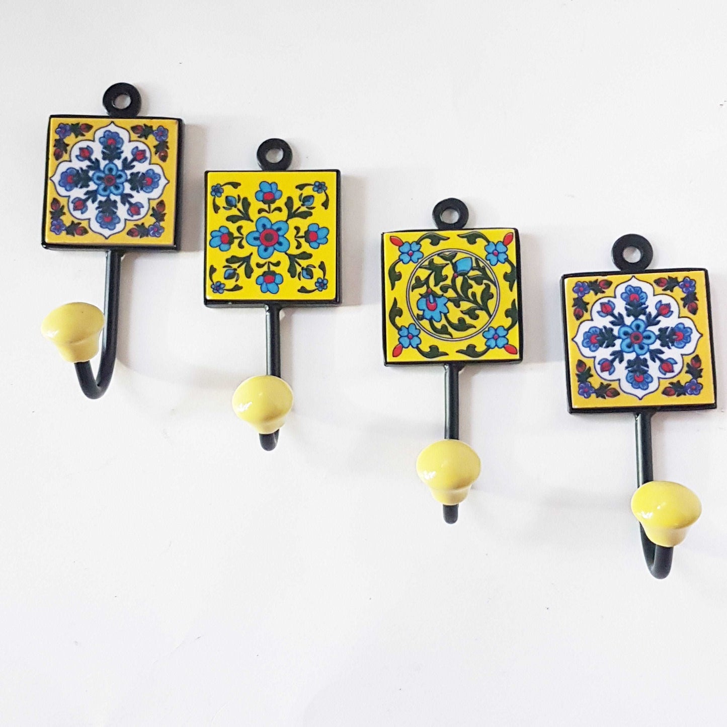 4 coat hooks-cup hooks-towel hooks-hand painted Papillon home decor collection. Wall hooks for kitchen, bedroom, bathroom. 2 by 5 inches.