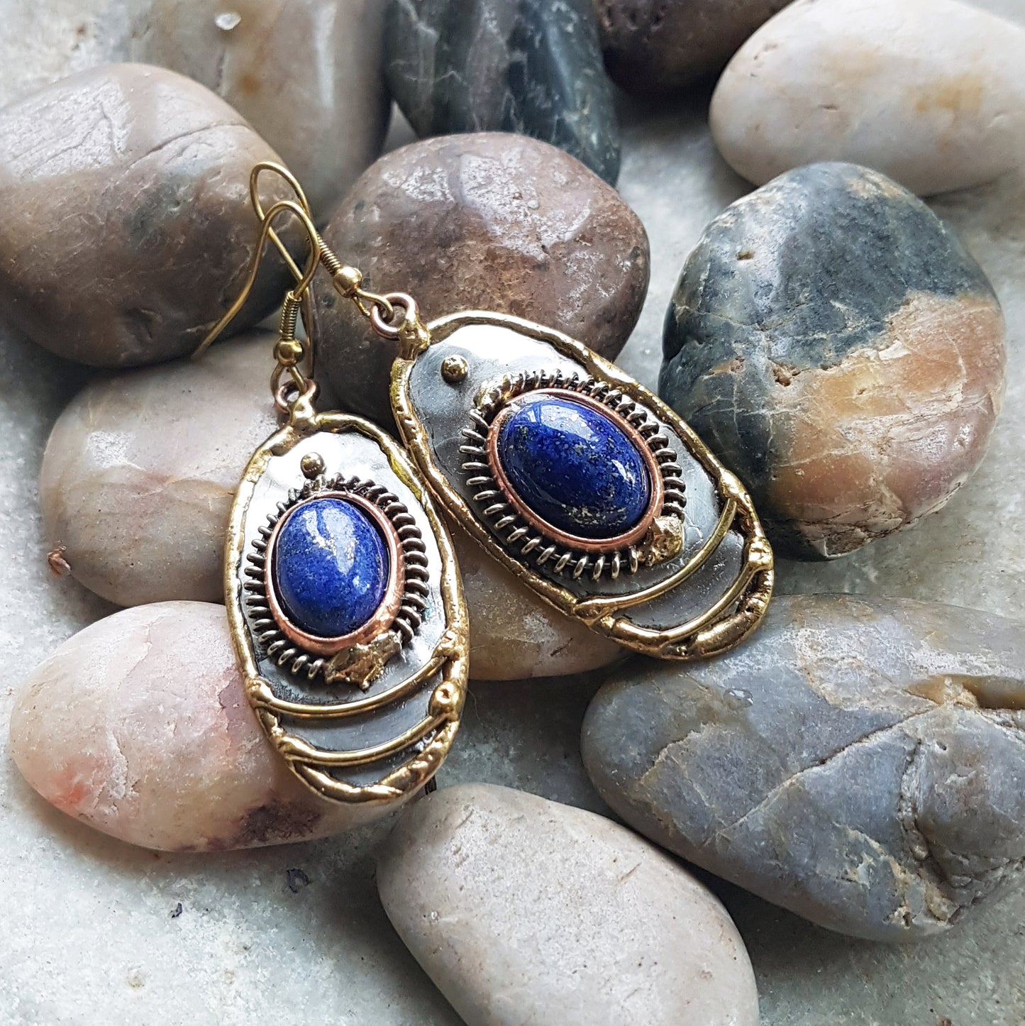 Lapis Lazuli Oval Gemstone Earrings in a Mixed Silver Gold Design