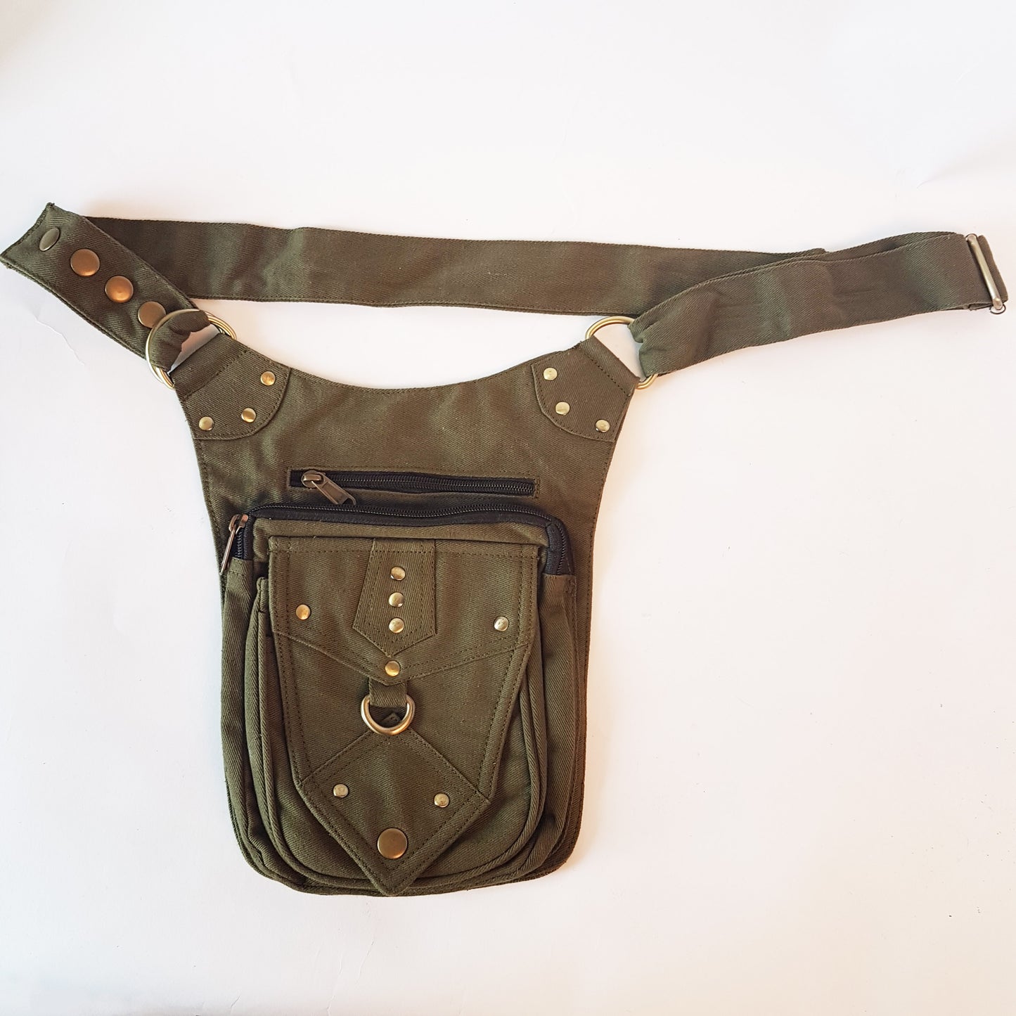 Utility festival belt. Unisex design army green waist-hip-bum bag. Convertible as cross body shoulder bag. 5 pockets- 3 zip. Adjustable to 48 inches.