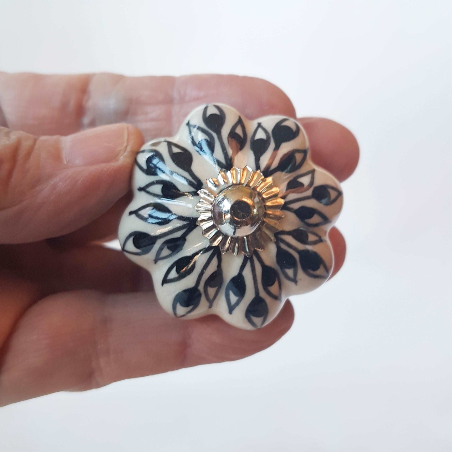 Andromeda set of 8 hand painted cabinet drawer knobs with botanical patterns in black & white. Exclusive designer collection. In stock now!