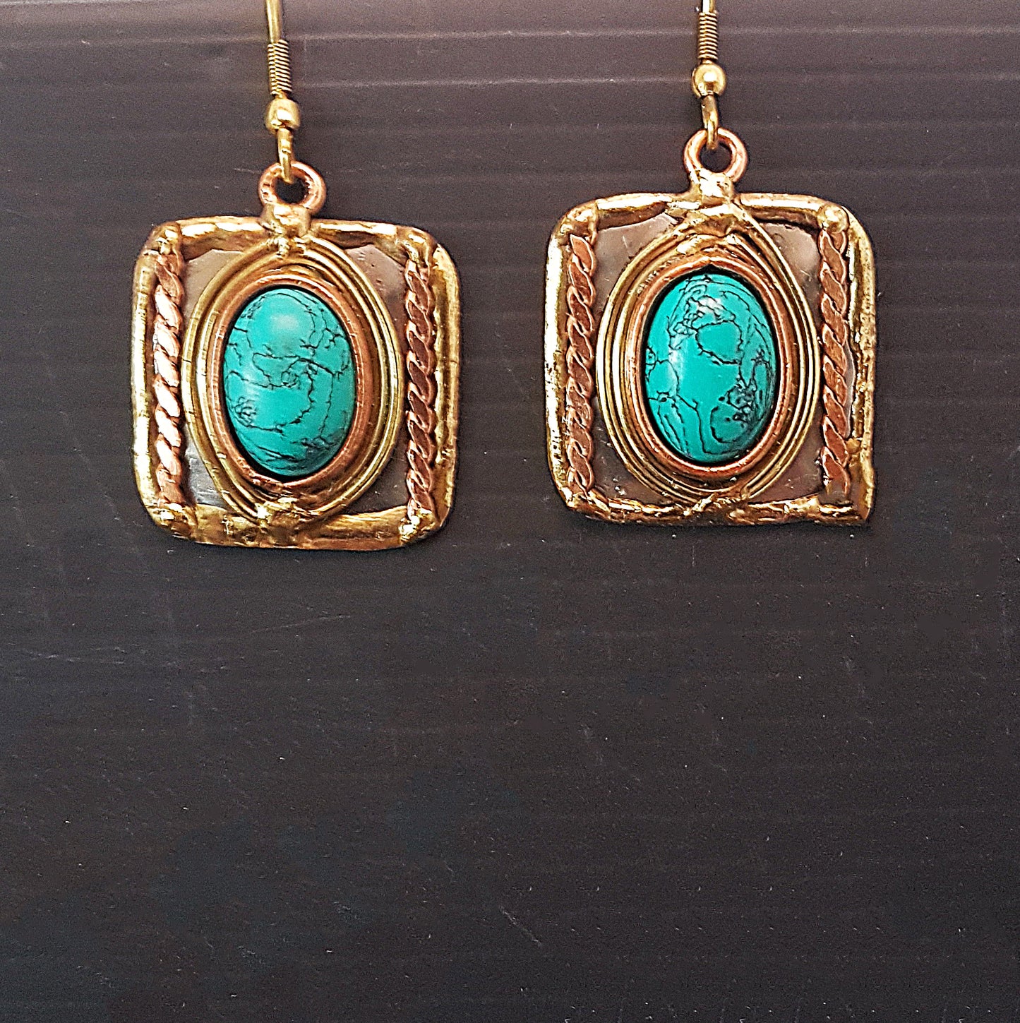 Square Shape Turquoise Gemstone Earrings in a Unique Silver-Gold Setting.