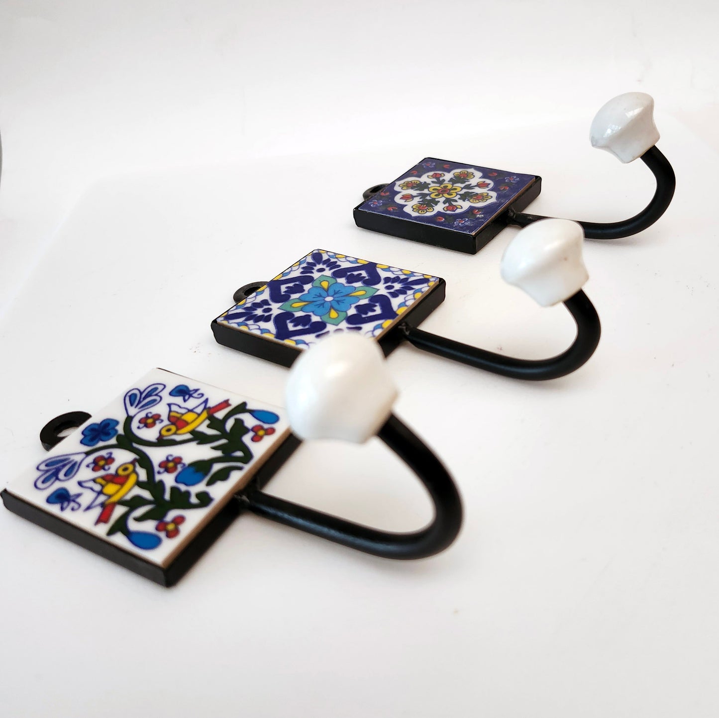 3 Home Decor Wall Hanger Hooks. Birds & Flowers. Blue, White & Yellow Color Combo.