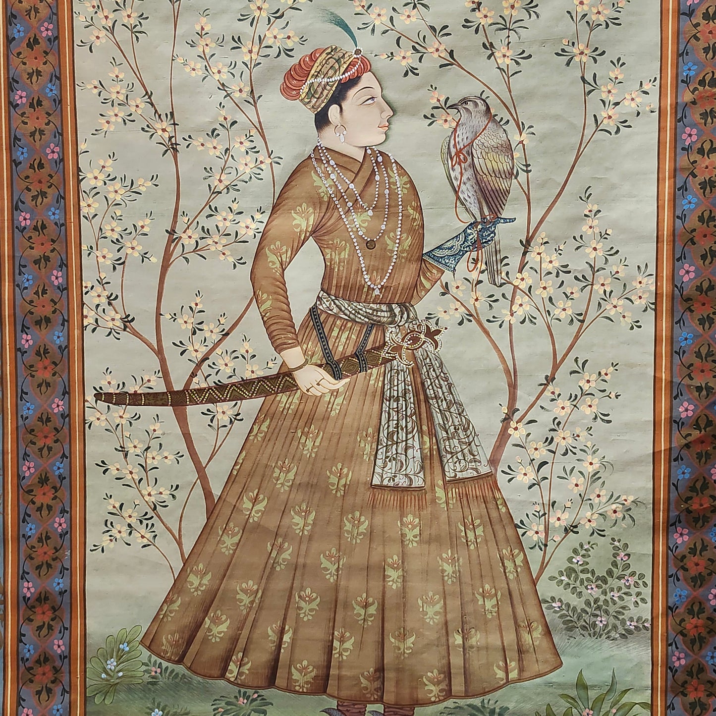 Vintage Hand Painted Original Pichwai Art on Silk Canvas. Boy with Falcon. Mughal Court Style. Rare Collectible. One of a Kind Unframed.