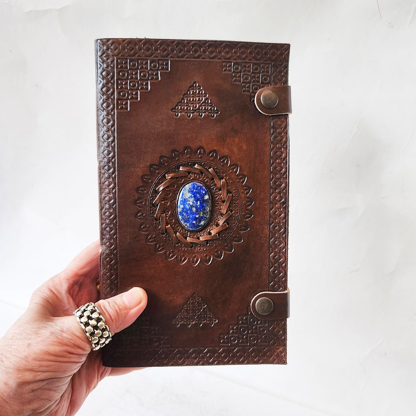 Brown Embossed Genuine Leather Journal with an Inlaid large Lapis Oval Stone.