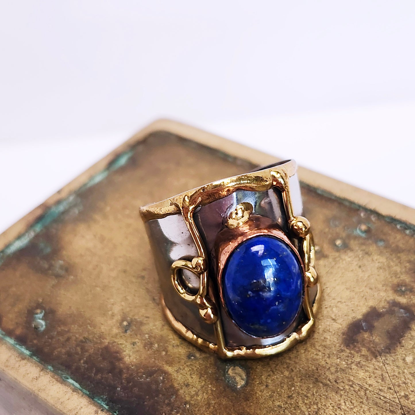 Silver Artisan Handmade Lapis Lazuli Gemstone Ring. Adjustable Fit.