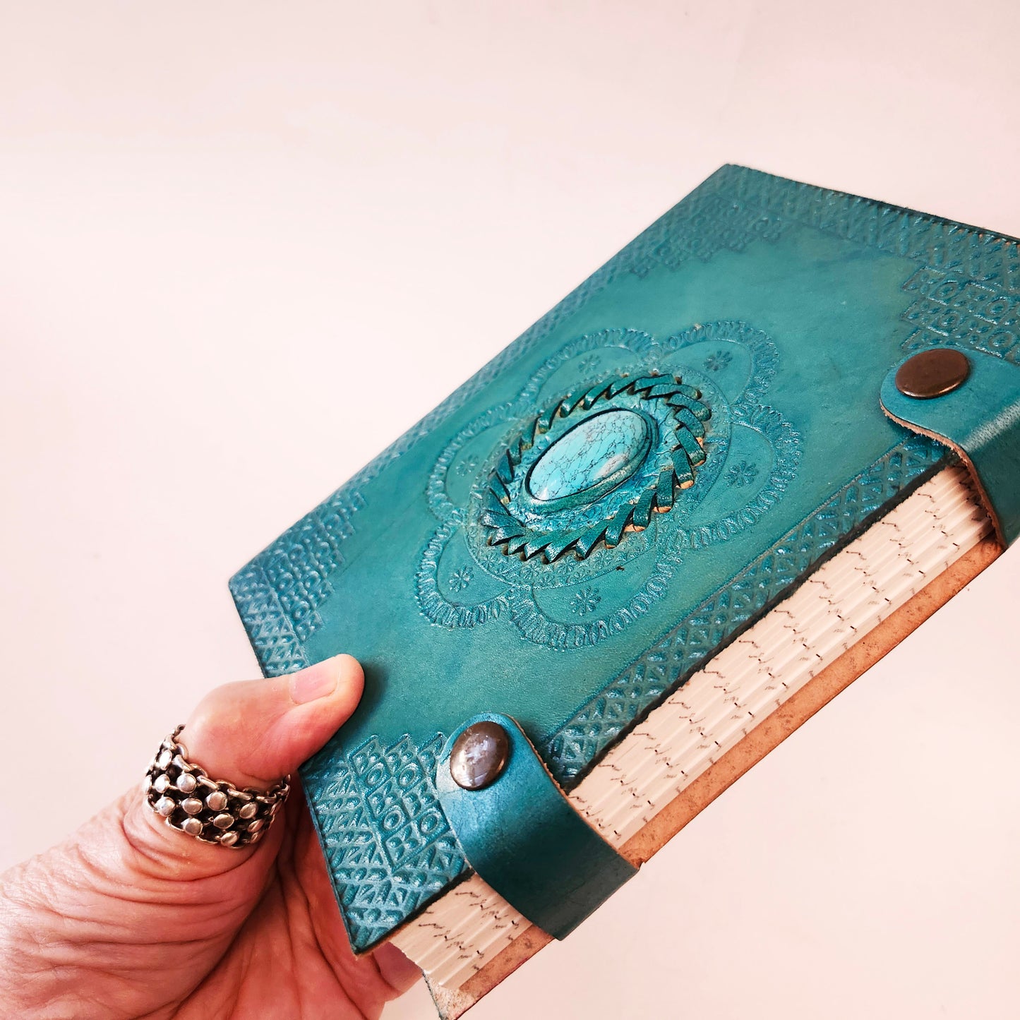 Double Turquoise Leather Bound Journal with a Matching Gemstone Cover.