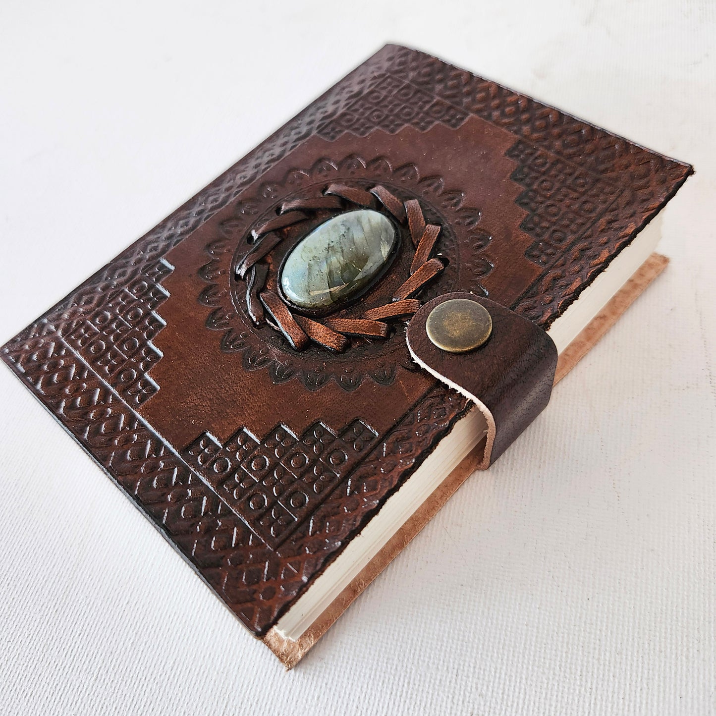 Brown Leather Bound Blank Page Journal with a Labradorite Center Gemstone.