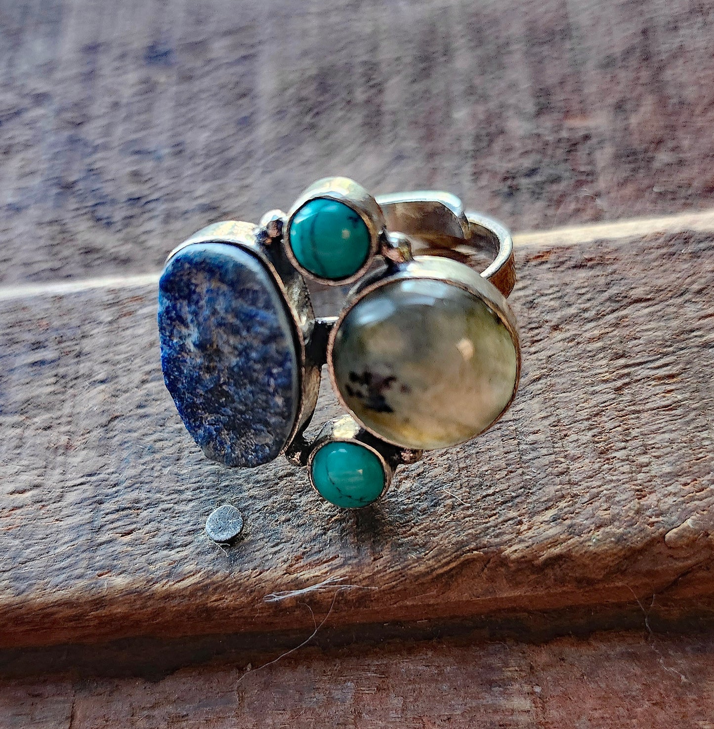 Silver Geometric Ring with 4 Gemstones Including Labradorite, Blue Jasper & Turquoise.