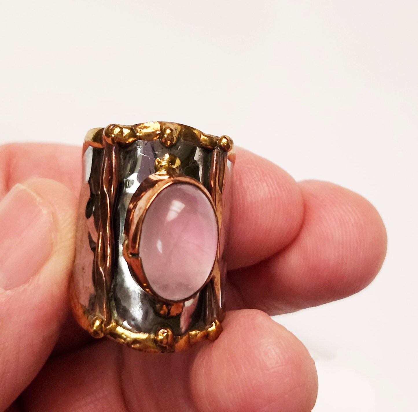 Silver Artisan Handmade Rose Quartz Gemstone Ring. Adjustable Fit.