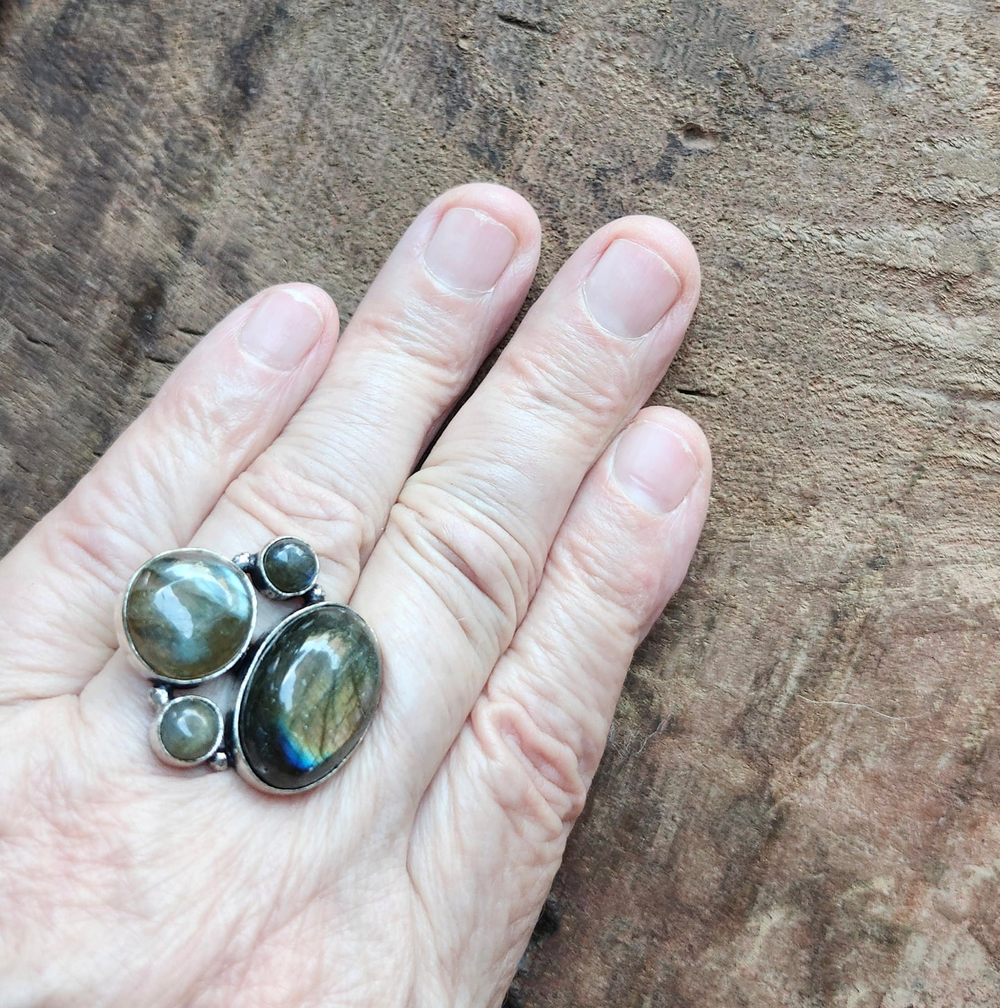 Silver Geometric Ring with 4 Labradorite Gemstones. One Size Fits All.