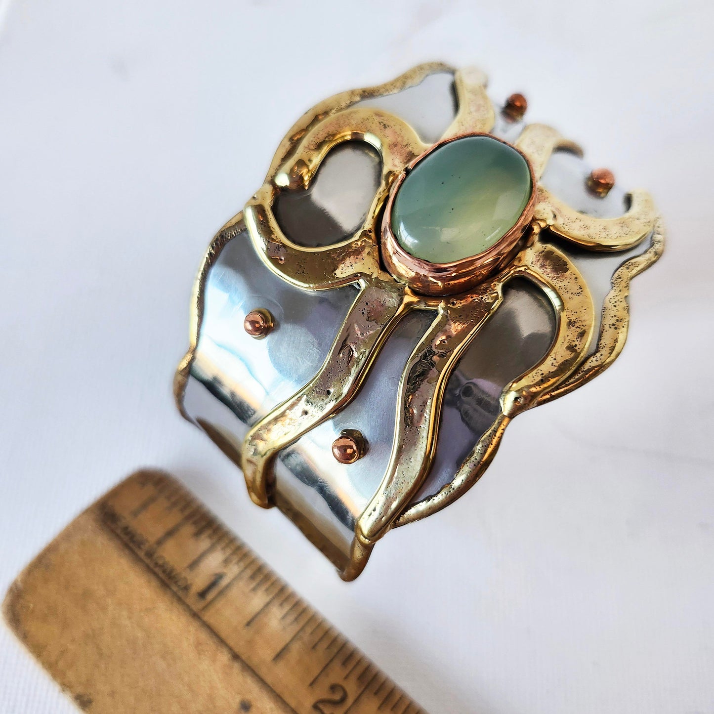 Silver & Bronze Cuff Bracelet with an Inlaid Oval Jadeite Gemstone. Adjustable Fit.