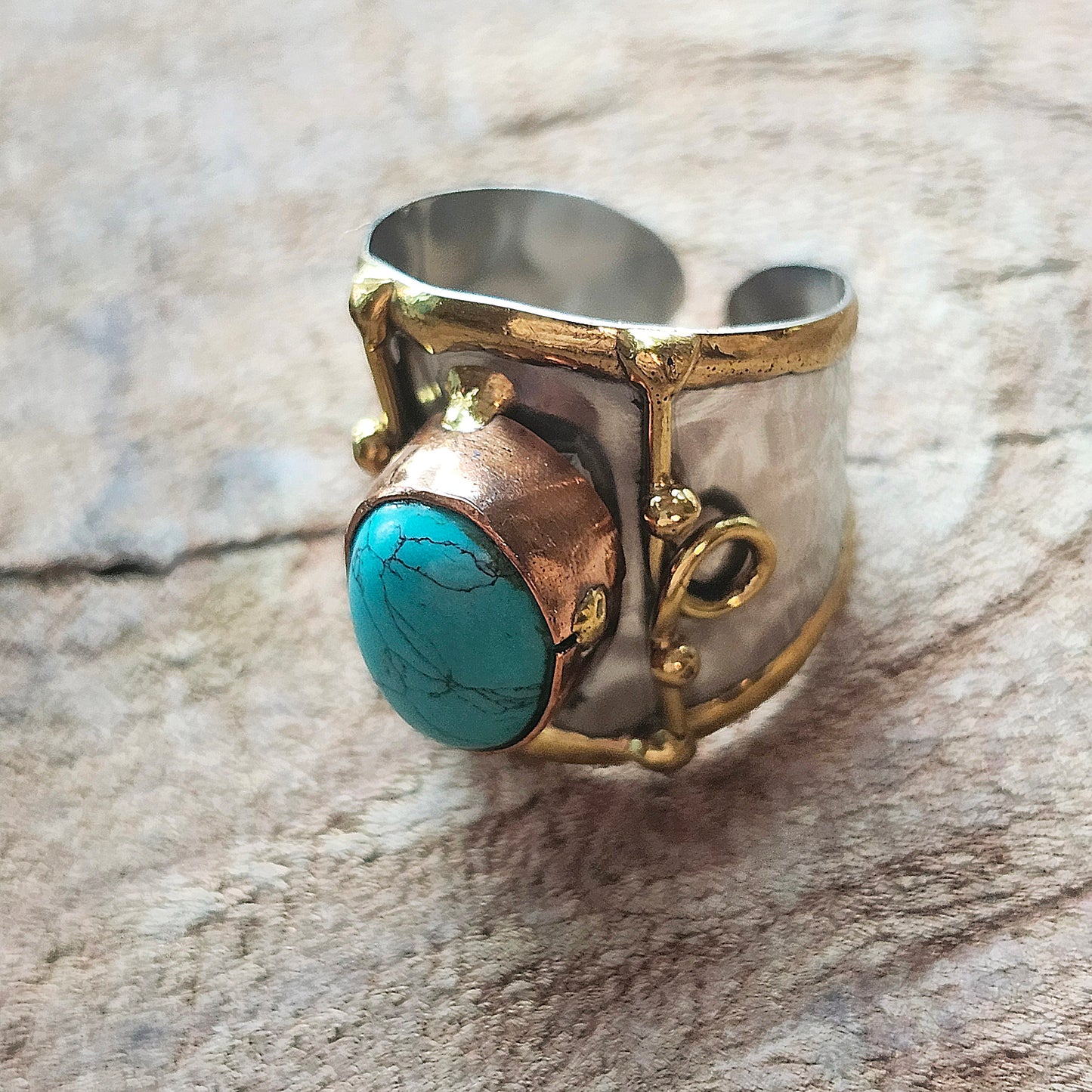 Silver Artisan Handmade Turquoise Gemstone Ring. Adjustable fit.
