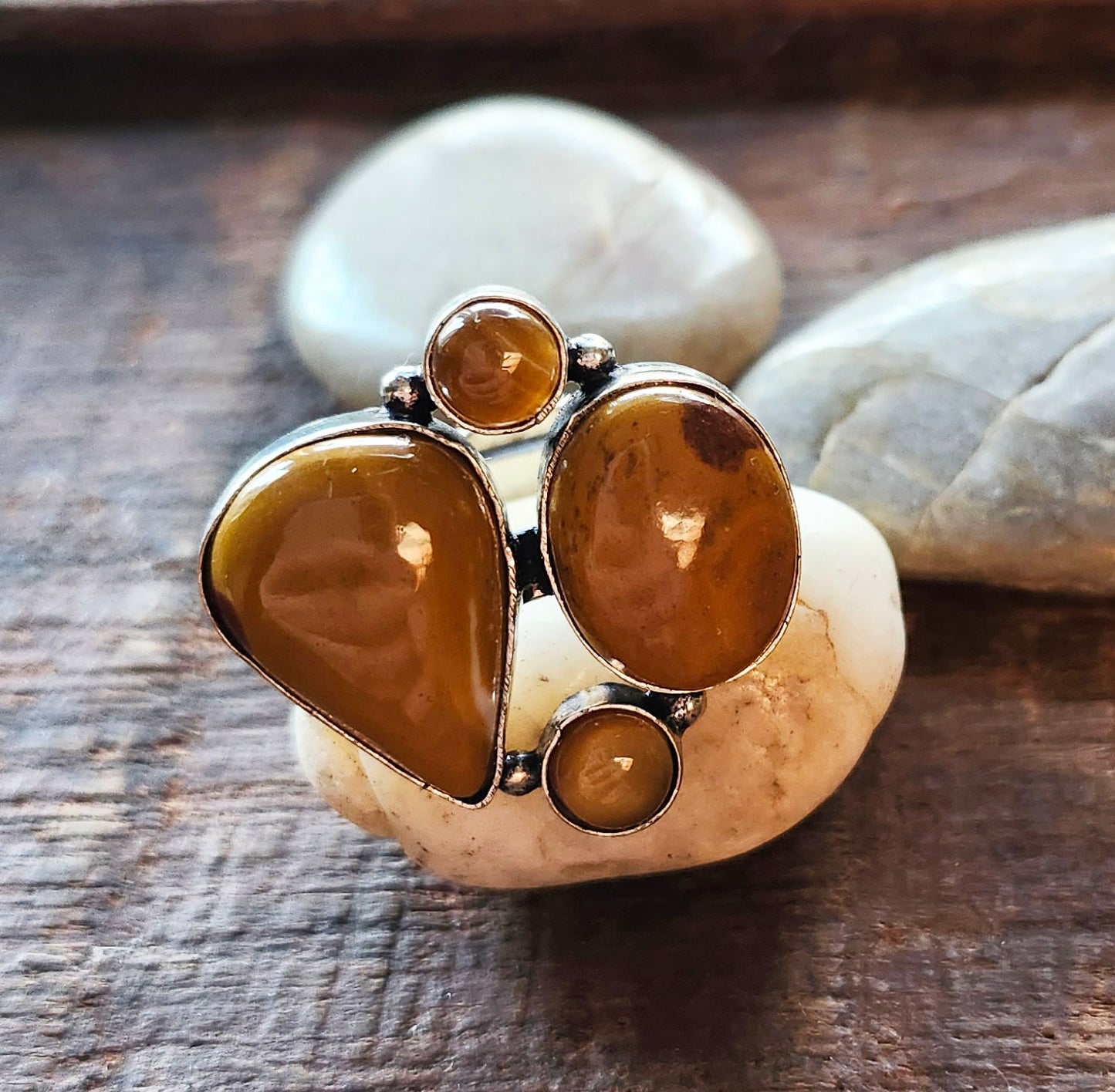 Silver Geometric Ring with 4 Yellow Jasper Gemstones.