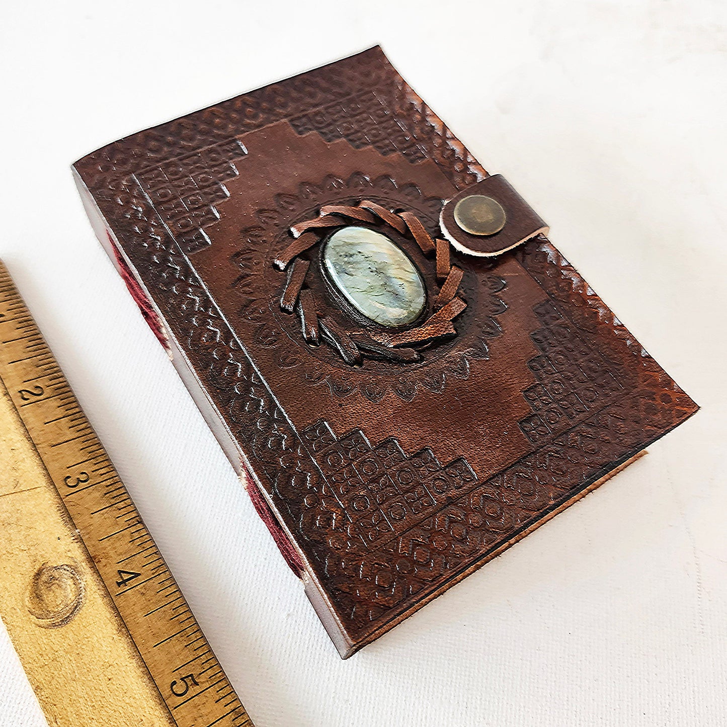 Brown Leather Bound Blank Page Journal with a Labradorite Center Gemstone.