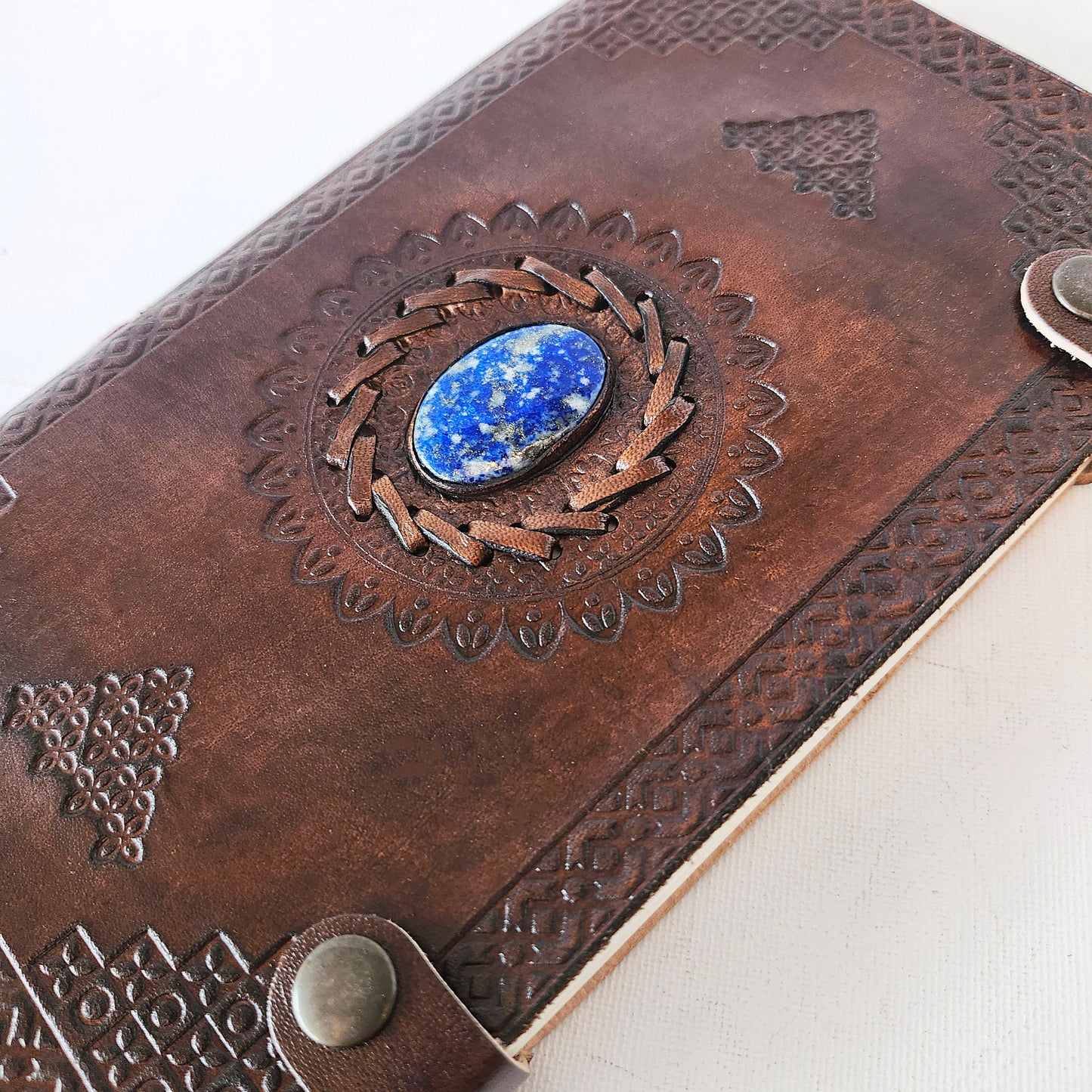 Brown Embossed Genuine Leather Journal with an Inlaid large Lapis Oval Stone.