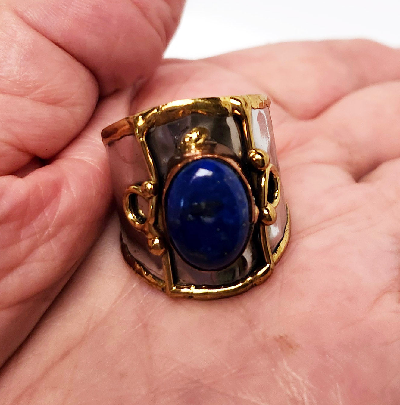 Silver Artisan Handmade Lapis Lazuli Gemstone Ring. Adjustable Fit.