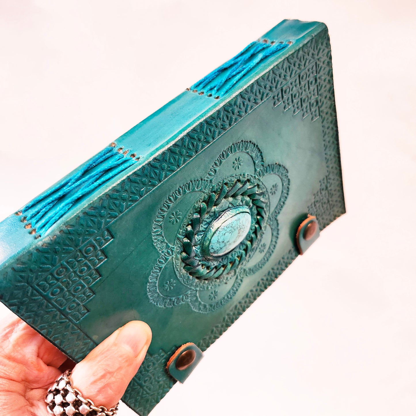 Double Turquoise Leather Bound Journal with a Matching Gemstone Cover.