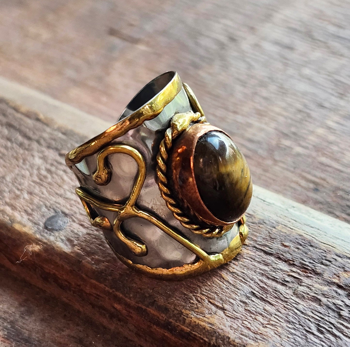 Silver Artisan Handmade Tiger Eye Gemstone Ring. Adjustable Fit. Medieval Aesthetic Poured Brass Overlay Motif. Unique & One of a Kind.
