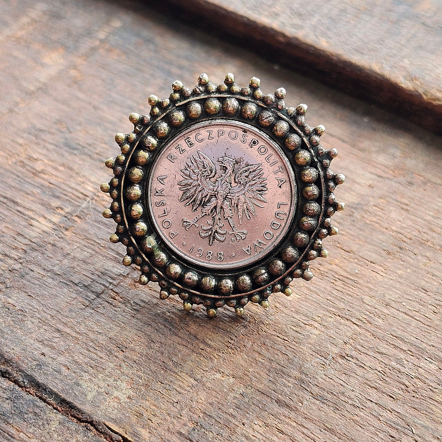 Silver Vintage Coin Ring  with Bronze Detail. Adjustable Size Finger Band.