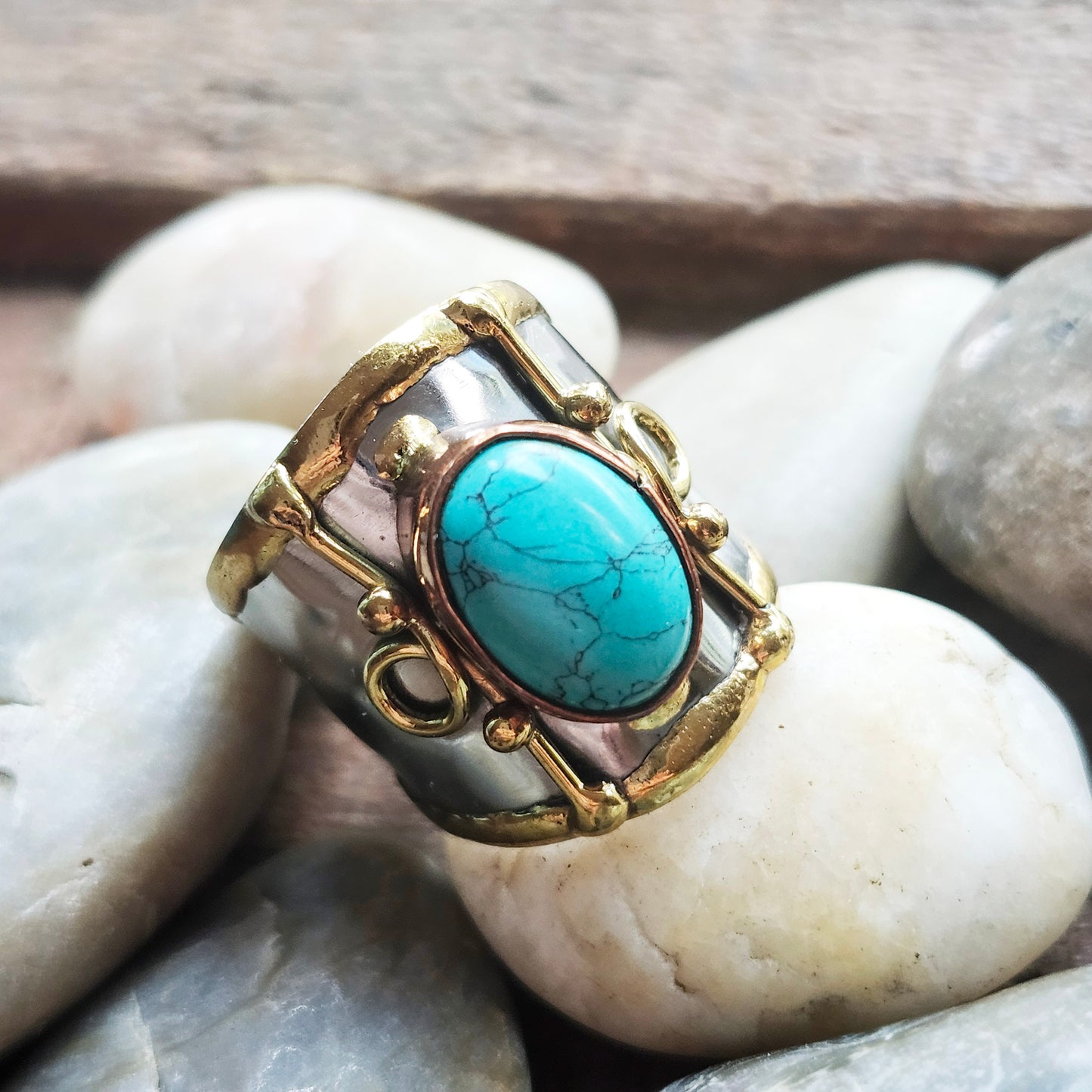 Silver Artisan Handmade Turquoise Gemstone Ring. Adjustable fit.