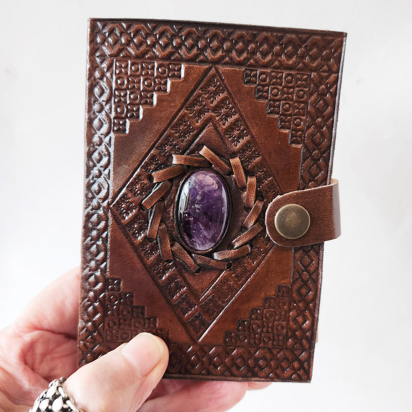 Brown Leather Bound Journal with an Inlaid Amethyst Cover. Hand Embossed on Front & Back. Trip Diary, Notebook, Sketches, Doodles, Lists.