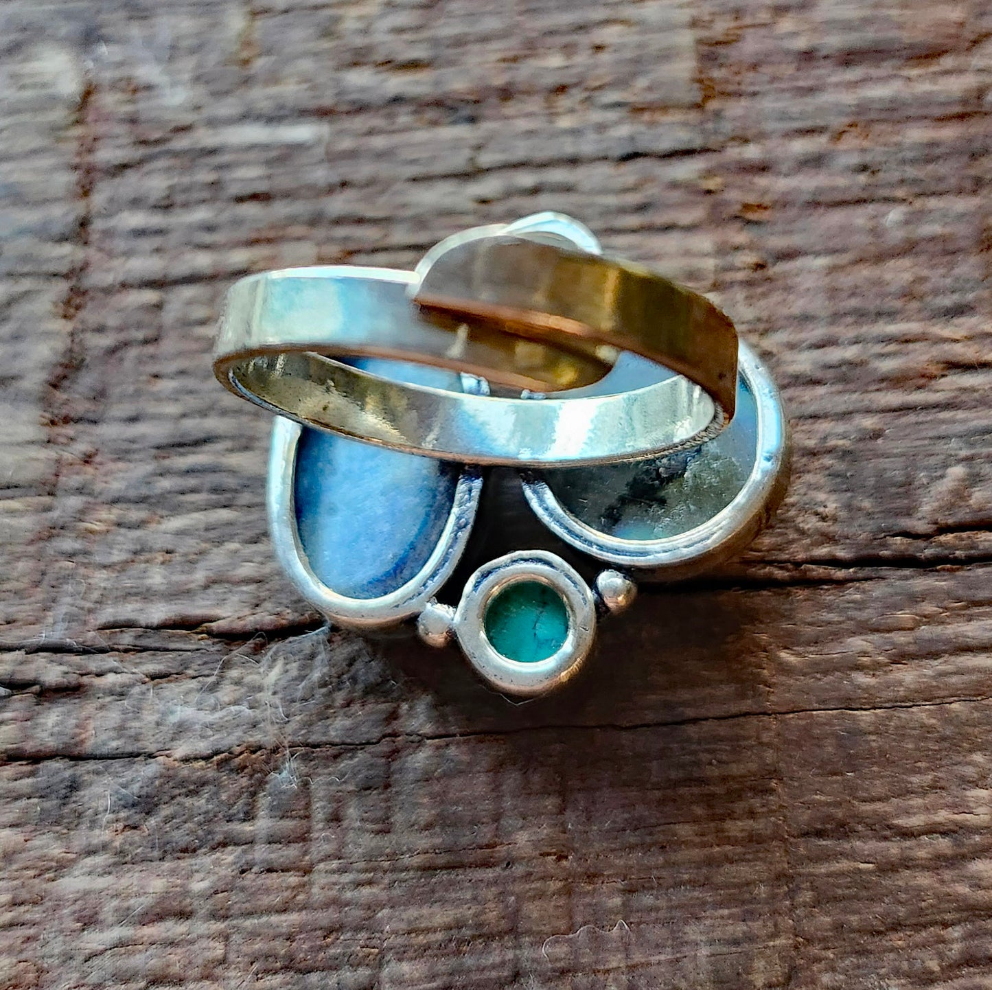 Silver Geometric Ring with 4 Gemstones Including Labradorite, Blue Jasper & Turquoise.