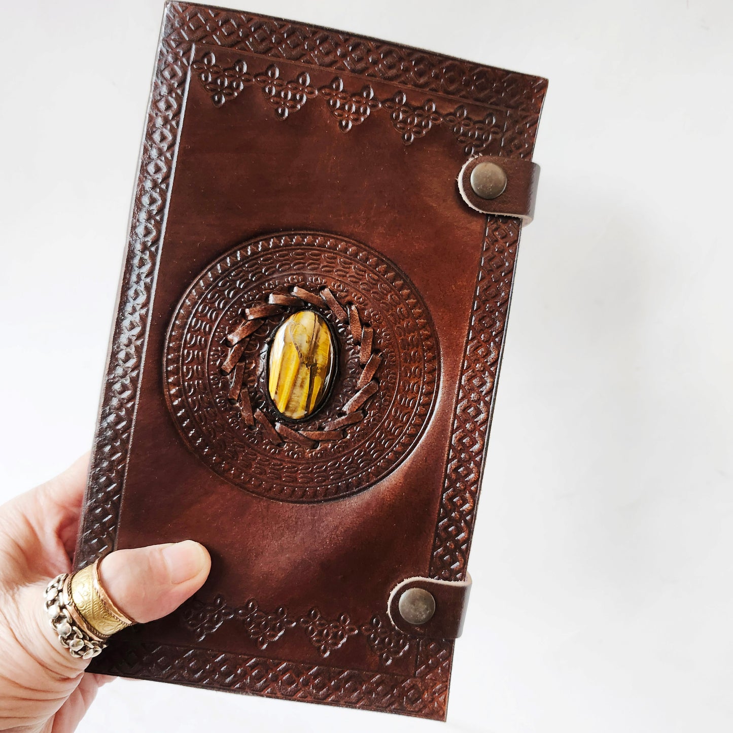 Brown Leather Embossed Journal with an Inlaid Tigers Eye Gemstone Cover.