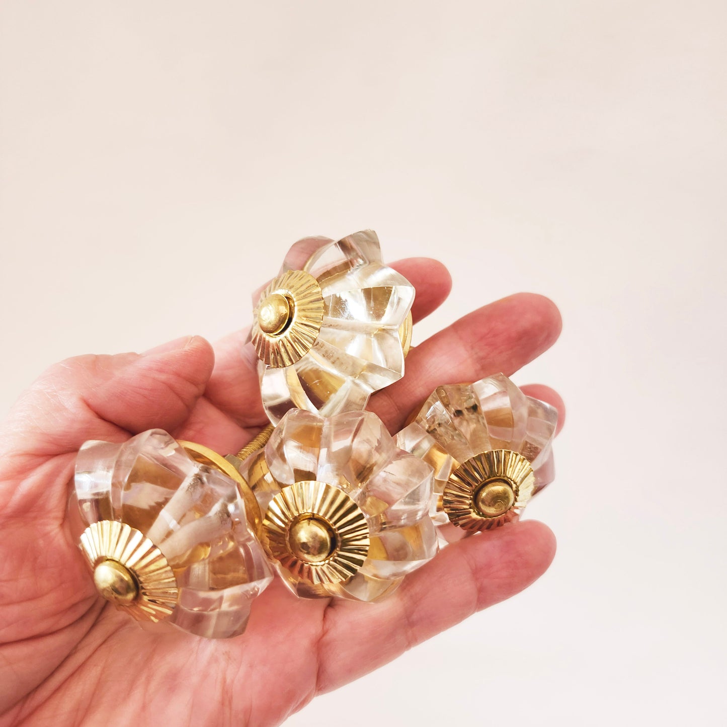 12 clear crystal cabinet knob pulls scalloped shape with large gold centers & hardware.