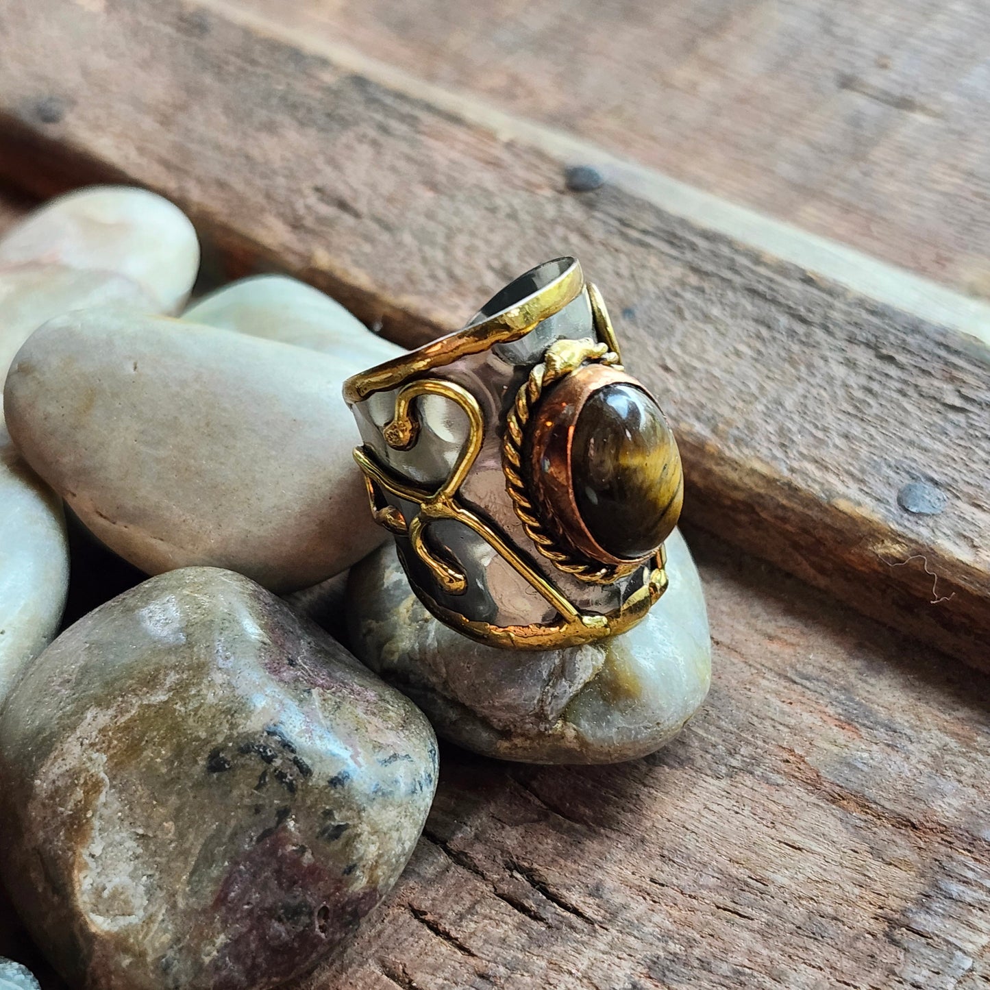 Silver Artisan Handmade Tiger Eye Gemstone Ring. Adjustable Fit. Medieval Aesthetic Poured Brass Overlay Motif. Unique & One of a Kind.